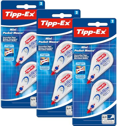 Tipp-Ex Lot de 6 rouleaux correcteurs Mini Pocket Mouse, 6 m x 5 mm, idéal pour le bureau, le bureau à domicile ou l'école