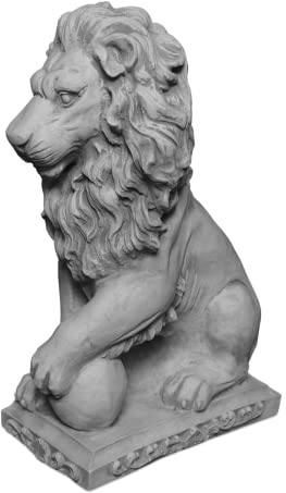 gartendekoparadies.de Statuen Löwen mit Kugel, Steinfigur aus Steinguss, H. 47 cm, je 21 kg, Grau, Frostsicher für Außenbereich (Löwe Links)