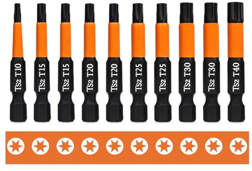 Zamety 10 Stück Torx Schrauber Bit Set, Schraubendreher Bit Set 50mm, 1/4 Torx Bit Set Sechskantschaft, (T10, 15, 15, 20, 20, 25, 25, 30, 30, 40) S2 Bitsatz für Akkuschrauber T-Profil Schrauben