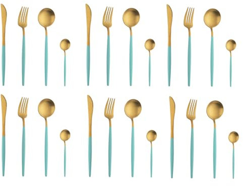 BISDARUN Stainless Steel Coloured Handles Cutlery with Matt Polish Unusual Flatware Set Funky Kitchen Forks Knives and Spoons Service for (Blue Gold 4-Piece Cutlery Set, 6 Person(6 Set))