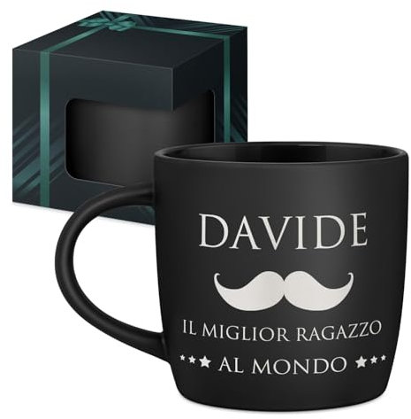 Maverton Tazza da caffè macchiato o tè in ceramica - 400 ml - Incisione personalizzata - Tazze con manico per bevande per Lui - Bicchiere da colazione per compleanno uomo - Interno nero - baffo