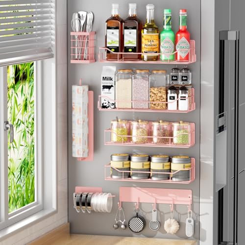 Kmise Magnetisches Gewürzregal für Kühlschrank, 8-Pack magnetisches Kühlschrankregal, beweglicher Gewürzorganizer mit Hakenregal, Papierhandtuchhalter, Utensilienhalter, Becherdeckelhalter, Rosa