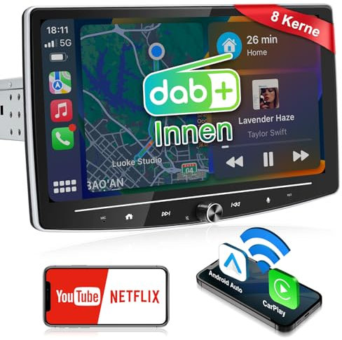 Autoradio Android da 10 pollici con Wireless CarPlay, 2 + 32 G verticale girevole DAB+ autoradio 1 Din, Android Auto Bluetooth Radio Touch Screen Car-Play Display con Navi 4G WiFi AM/FM/RDS SWC