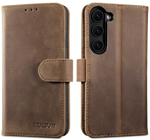 LENSUN Echtleder Hülle für Samsung Galaxy S23, Handyhülle [Echtes Leder] [Kartenfach] [Standfanktion] Lederhülle Handytasche für Samsung Galaxy S23 5G - Vintage Dunkelbraun