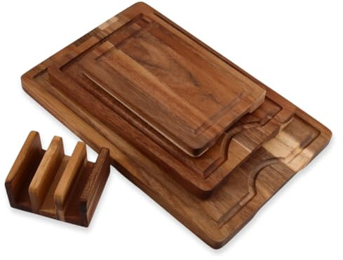 Lacers PurpleLine - Holzschneidebrett 4-teilig aus Akazienholz mit Saftrille & rutschfesten Füßen - Schneidebrett-Set mit Halterung – Nachhaltig & vielseitig – Perfekt für Küche Fleisch Gemüse Brot