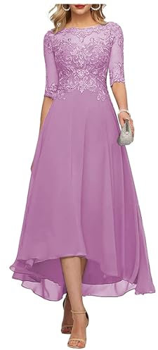 KURFACE Dentelle Applique thé longueur mère de la mariée robes pour mariage avec manches longues en mousseline de soie robe de soirée formelle, lilas, 50 plus