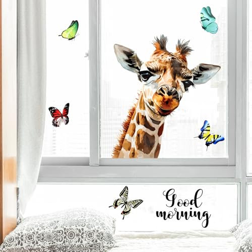 EEEKit Giraffe und Schmetterling Spähende Tiere Guten Morgen Lustige Fenster Aufkleber, Anti-Kollisions Glas Statik Aufkleber für Fenster Kleben Kunst Dekor
