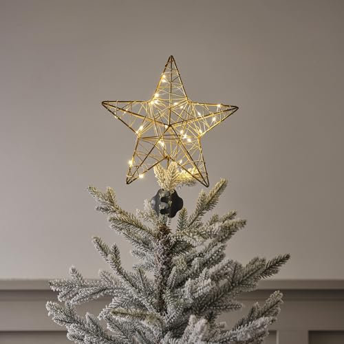 Lights4fun Estrella Dorada Iluminada para Árbol de Navidad de 30 cm con 25 LED Blanco Cálido a Pilas y Temporizador Decoración Navideña para Interiores