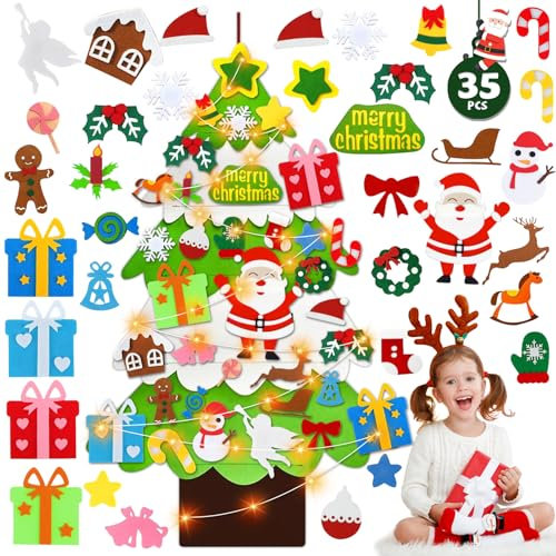 BUOAZR DIY Árbol de Navidad de Fieltro, 3.44Ft Árbol De Navidad en Fieltro para Niños con 35 Los Ornamentos Desmontables, 50 Luces LED,1 Gancho Pegajoso, Decoración Colgante para Casa Puerta de Pared