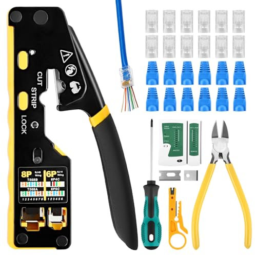 RJ45 Crimpadora de red con comprobador de cable de red, 50 unidades, conector CAT6, 50 unidades, botas para conector de red CAT5/CAT6/CAT7