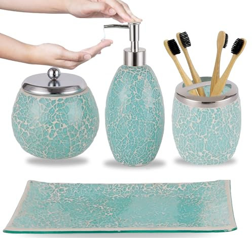 Escenzy Stilvolles grünes Badezimmer-Zubehör-Set, 4-teilig, luxuriöser Seifenspender, Zahnbürstenhalter, Baumwollglas, Schminktisch, modernes türkisfarbenes Badezimmer-Dekor, Mosaikglas
