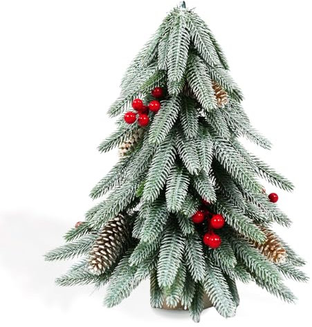 40 cm künstlicher Weihnachtsbaum, grüner Tischweihnachtsbaum mit Pailletten, Beeren, Tannenzapfen und Holzsockel, Mini-Weihnachtsbaum als Weihnachtsdekoration