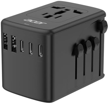 Acer - Adaptador universal de viaje - Adaptador de corriente internacional con 5 puertos USB (3 USB C) 5.8A, cargador de salida mundial para Estados Unidos a Europa, Reino Unido, Francia, Alemania,