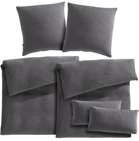 Pure Label Musselin Bettwäsche 200x220 5teilig bestehend aus einem Bettbezug 200x220 cm + Kissenbezug 80x80 2er Set + 40x80 Kissenbezug 2er Set aus Baumwolle - Kuschelige Bettwäsche in anthrazit