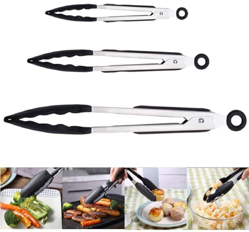 Kitchen Tongs Set of 3,Cooking Tongs with Stainless Steel with Long Handle & Non-Slip Silicone Grip for Cooking and Grilling