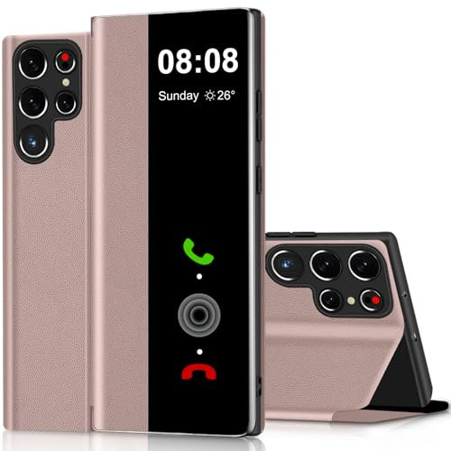 Flip Case for Samsung Galaxy S22 Ultra Case S View, Clear View Folio PU Leather TPU inner for Samsung S22 Ultra Phone Case, Anti-Scratch Stand Kickstand Flip Cover for Samsung Galaxy S22 Ultra (Pink)