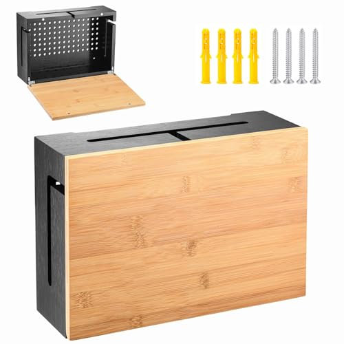 FINEW Kabelbox, Kabelmanagement Box mit Magnetischem Bambusdeckel, Wandmontierbare Kabelbox, Kabelaufbewahrungsbox zum Verstecken von Kabeln Organisieren von Computerkabeln und Losen Kabeln (Schwarz)