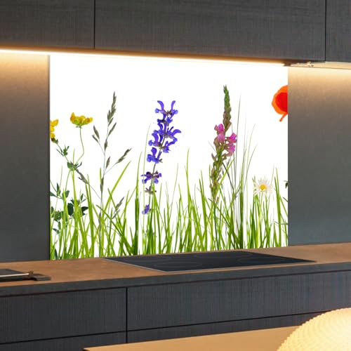 Rückwand24 Spritzschutz Küchenrückwand - Aluverbundplatte glänzend zum Küchenfliesen überkleben, Wandschutz Küche ohne Bohren, Nischenverkleidung Herd 90 x 60 x 0,3 cm - Blumenwiese