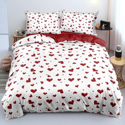 Luofanfei Herzen Bettwäsche 135x200cm Weiß Rot Herz Mädchen Wendebettwäsche Romantisch Liebe Bettwäsche Microfaser Liebesmotiv Bettbezug mit Reißverschluss und Kissenbezug 80x80cm