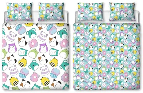 Squishmallows Official Double Duvet Cover Set, Happy Design | Reversible 2 Sided Squish Characters Bedding Cover Official Merchandise Including Matching Pillow Cases