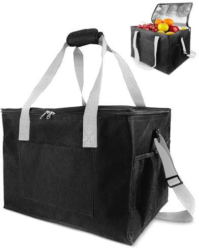 Evolpor 35L Foldable Insulated Cooler Bag – Reinforced Handle, Cooler Bag Picnic Bag with Dual Mesh Pockets, Lightweight & Leak-Proof Cool Box for Camping, Travel, BBQ, Picnic, Fishing(Black)