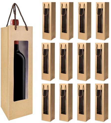 Sacchetto Regalo per Vino, 12pz Sacchetti Regalo per Vino con Finestra Trasparente, Borsa da Vino per Bottiglia Singola in Carta Kraft, Con Manici, Sacchetti Regalo per Champagne, Per Matrimoni, Feste