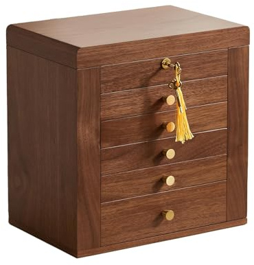 Homruilink Black Walnut Wooden Jewelry Box, Wood Jewelry Organizer with 2 Side Doors Mirror Lockable Classical Style for Watch Necklace Ring Earring Storage Christmas Gifts-6 Layer