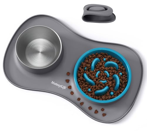 MateeyLife Hundenapf-Set 3-in-1, Anti Schling Napf Hund & Edelstahl-Wassernapf mit Anti-Rutsch-Silikonmatte, Katzen- und Welpennäpfe Futterschalen für kleine, mittelgroße und große Rassen 51.5×30.7 cm