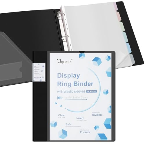 Uquelic Präsentationsbuch, Ringbücher mit 50 klarsichthüllen A4 glasklar (50 Mikron) und 6 Macaron-Farbe -Trennblättern, Ordner Organizer für Dokumente, Urkunden, Individuell Gestaltbares Cover