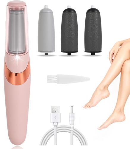 JINRUBY Electric Foot File - USB Rechargeable Hard Skin Remover Pedicure Tools with 4 Replacement Roller Heads Waterproof Callus Remover Foot Files for Hard Skin Dry Cracked Heels Dead Skin (Pink)