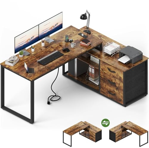 JUMMICO Schreibtisch mit Schubladen, 140 x 105 x 75 cm, L Form Reversible Eckschreibtisch mit 2 USB-Ladeanschlüssen und 2 Steckdosen, Braun