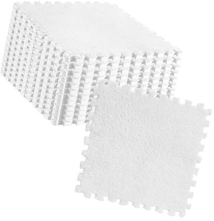 Ghzste 10 Stcs Plüschschaumbodenmatte Quadratische Teppichfliesen Flauschige Spielmatte Anti -Schlupf Eva Schaumprozesäge Bodenfliesen für Schlafzimmer Wohnzimmer (Weiß)