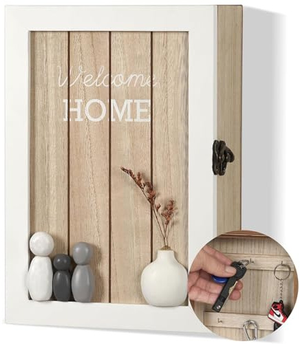 Schlüsselkasten Holz modern Schlüsselbox mit Trockenblumen Schlüsselschrank | 6 Schlüsselhaken Schlüsselablage Wand Deko L für Eingang,Flur,Büro Schlüsselhalter Schlüsselbrett L weiß