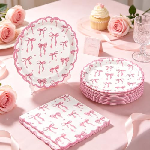 60PCS Pink Bow Decorations Paper Plates Pink Bowknot Birthday Plates Napkin | for Bridal Shower Bachelorette Party Supplies Favors 20 Guests