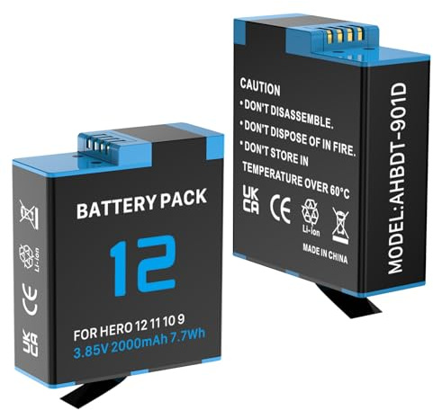 Batteria da 2000 mAh per fotocamera sportiva Go Pro Hero 12/11/10/9 (confezione da 1), batterie di ricambio agli ioni di litio ad alta capacità (Hero 12/11/10/9, confezione da 2, A)