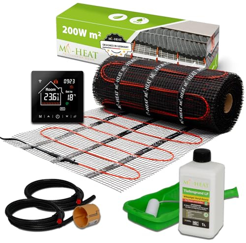 Mi-Heat Chauffage au sol électrique 200 W/m² 5,0 m² - Kit de chauffage au sol - Tapis de compensation - Pour carrelage, vinyle, parquet et stratifié - Avec thermostat M2 WiFi - Noir