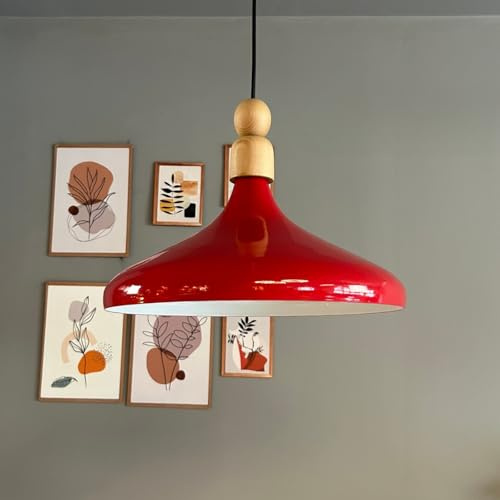 bamyum Champion Pendelleuchte aus Holz, 35 cm Hängelampe Metall E27 Moderne Esstisch Lampe, Skandinavisch Pendellampe für Schlafzimmer Wohnzimmer Küche, Küchenlampe Hängend Rot