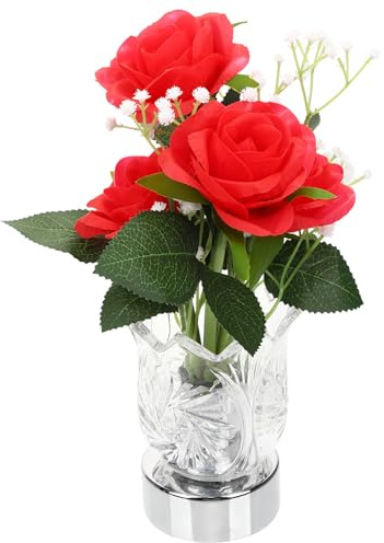 LED Rose Vase Night Light, Glass and Plastic Flower Lamp for Bedroom | Red Artificial Rose Display, Romantic Home Decoration, Christmas Ambient Glow, for Nurseries and Rooms