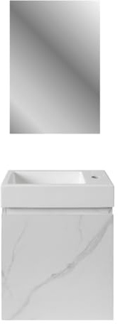 Belvit Waschbecken Set 40 cm, Aufsatzwaschbecken ohne Überlauf, reversibles Hahnloch, Softclose Waschtischunterschrank, Gäste WC Badmöbel platzsparend modern, Weiß Glänzend Weißer Marmor