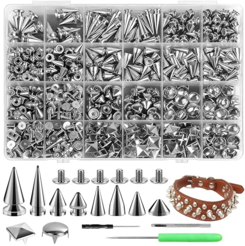 600Pcs Punk Studs Kit - Metal Spikes with 8 Size Metal Tree Spikes Studs and 2 Size Pyrami Studs Flat Back Rivets for DIY Crafts for Crafters, Designers, Punk Fans for Leather Clothing, Shoes, Bags