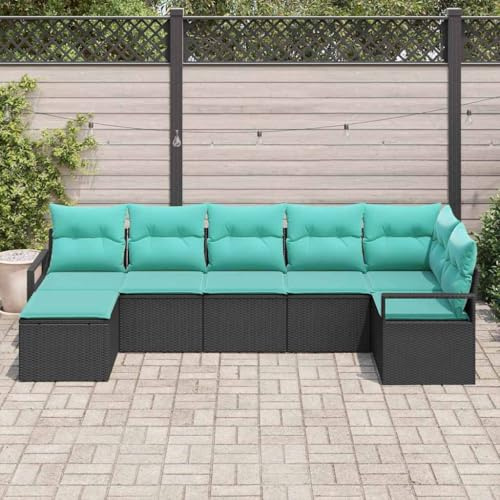 mzdioop Juego de sofá con cojines 7 piezas de ratán negro de polirratán, resistente a la intemperie, juego de muebles de jardín para terraza, balcón, salón modular con grupo de asientos, ratán