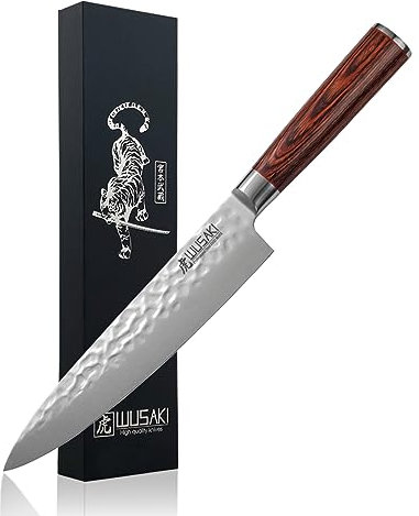 Wusaki Pakka X50 Couteau de Chef 20cm en acier INOX martelé, manche en Pakkawood - Vendu dans un coffret noir