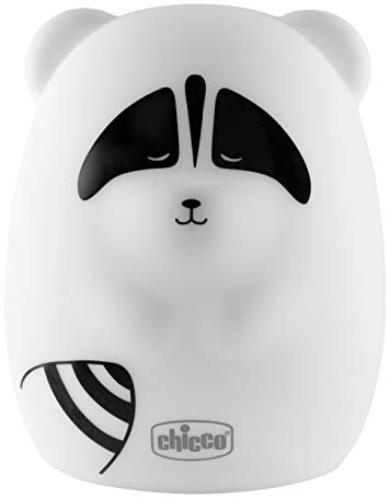 Chicco Nachtlicht Waschbär Aufladbar Baby, Mehrfarbiges LED Nachtlicht in Weichem Silikon, Baby Nachtlicht mit 8 Farben, One-Touch-Aktivierung, Ohne Erhitzen, Ladegerät mit USB-Kabel