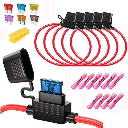 Gebildet 5pcs 16AWG Sicherungshalter mit Draht für KFZ LKW,32V 20A Inline Flachsicherung Wasserdicht Halter mit 6pcs Standard Mittel Sicherungen+10pcs Wasserdichtes Wärmeschrumpfendes Terminal