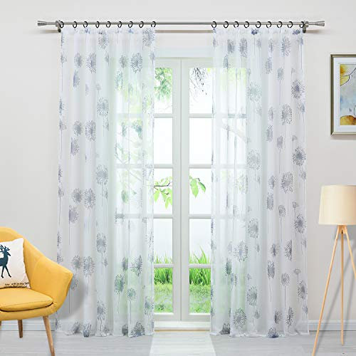 Delien Voile Gardine mit Pusteblume-Motiven Druck transparenter Vorhang mit Kräuselband Wohnzimmer Gardinenschals BxH 140x225cm Weiß 1 Stück