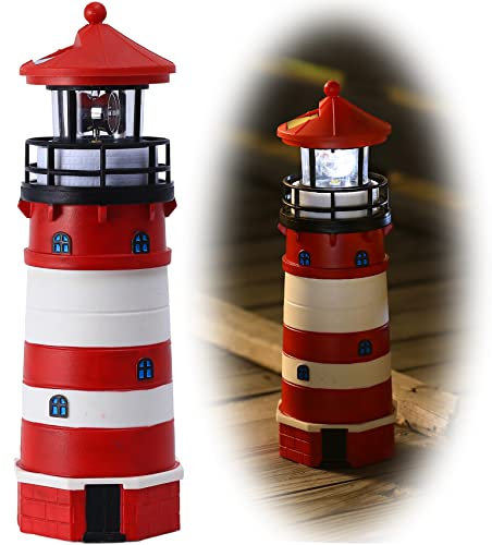 Solar Lighthouse Ornament - 30cm Tall Solar Lighthouse with Rotating Beacon, 360 Degree Rotating Lighthouse Decoration, Best Lighthouse Gifts for Children (Round Red)