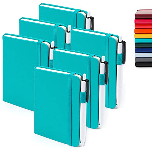 feela Notizbuch A6, 6 Stück Notizblock klein, Journale Buch Bulk mit 6 Gelstiften schwarz, 112 Seiten, 80GSM, 9x14cm, Mini Notizbuch liniert geeignet für Büro, Schule, Notizheft mit PU Leder, smaragd