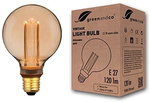 greenandco dimmbare Vintage Design LED Birne zur Stimmungsbeleuchtung | E27 G95 | gold | 3,5W 120lm | 1800K extra warmweiß | 320° | 230V | flimmerfrei | Edison Glühbirne
