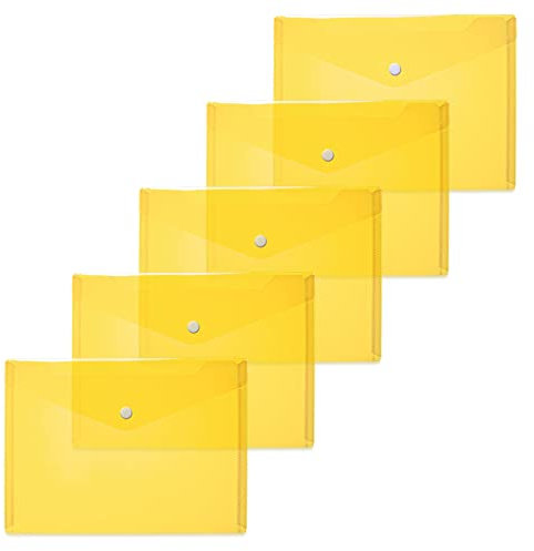 HERMA 20052 Lot de 5 porte-documents A5 transparents jaunes, petites pochettes transparentes avec bouton pression, enveloppes en plastique pour l'école, l'université, le bureau, les voyages