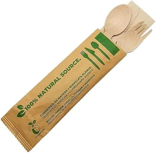 Set De Cubiertos de Madera Desechable; Tenedor, Cuchillo, Cuchara y Servilleta. Envueltos Individualmente. Biodegradables, Compostable. (200u.)